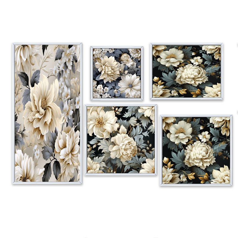 Sheyla - ensemble de 5 impressions murales florales, Cadre flottant blanc