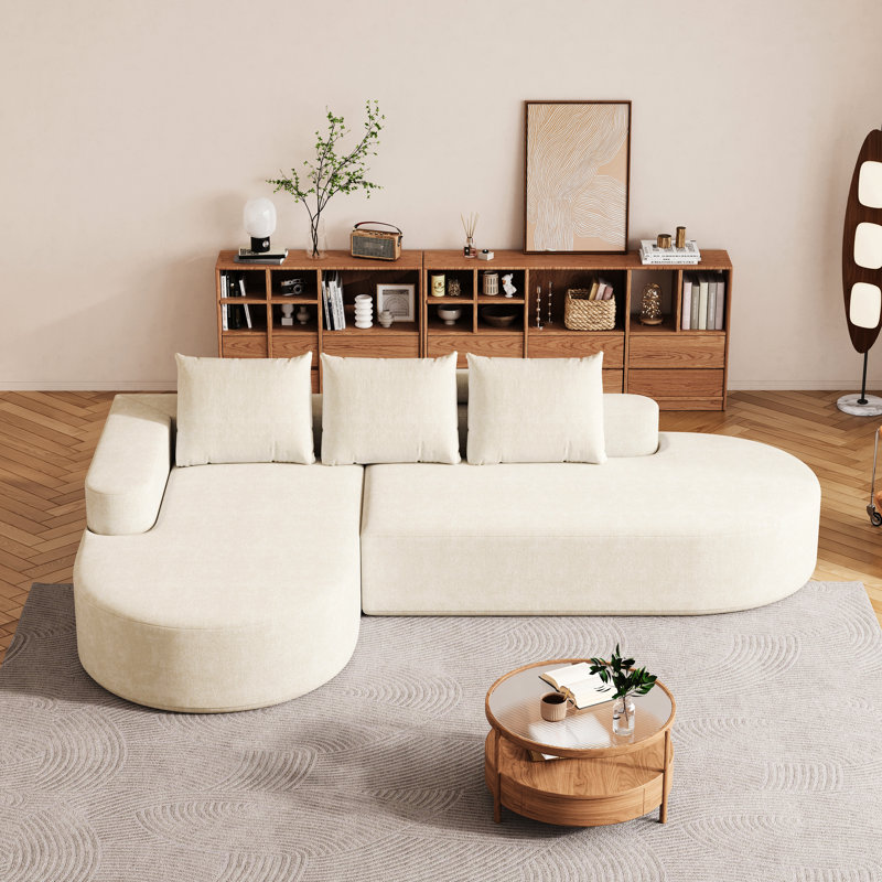 Chenille beige moderne - Canapé modulaire combiné avec coussins à haute résilience, lignes arrondies, coussin pour le confort, sans assemblage, rembourré incurvé pour chambre et salon, 3 sièges,