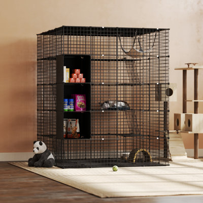 Cage à chat Balconera pour l'intérieur avec grand cube de rangement pour l'extérieur
