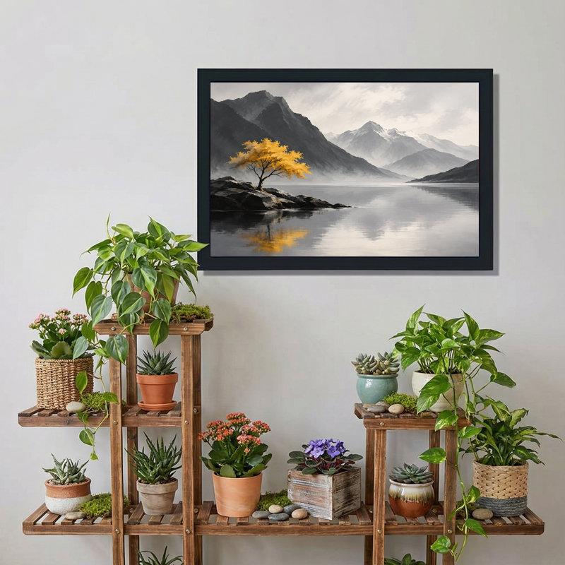 Art sur toile, arbre jaune sur un affleurement rocheux avec montagnes enneigées, H 20 po x l 30 po