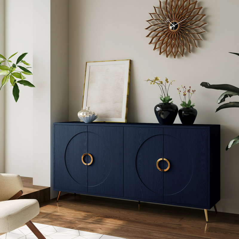 Modern Wooden 4 Door Cabinet Sideboard Buffet Server In Navy Blue For Living Room, Entryway, Hallway, Office, Kitchen And Dining Space With Adjustable Shelf Office