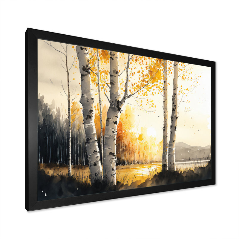 Bouleaux pendant l'heure dorée au bord du lac III - art mural forêt, Cadre photo noir, H 12 po x l 20 po x P 1 po