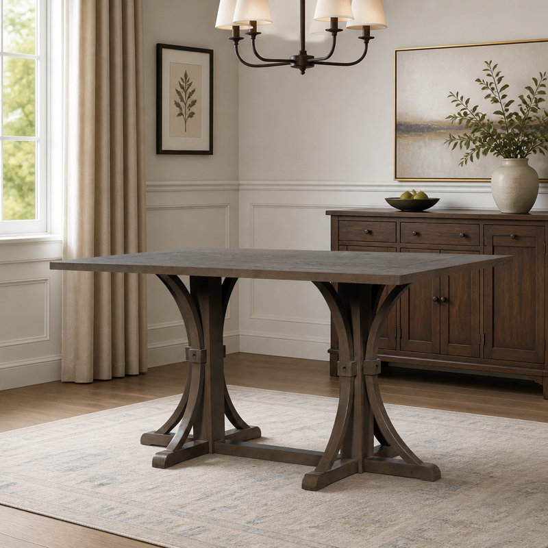 Table de salle à manger en bois massif pour 6 personnes, style rustique campagnard, avec piètement à tréteaux et pieds galbés, finition chêne naturel
