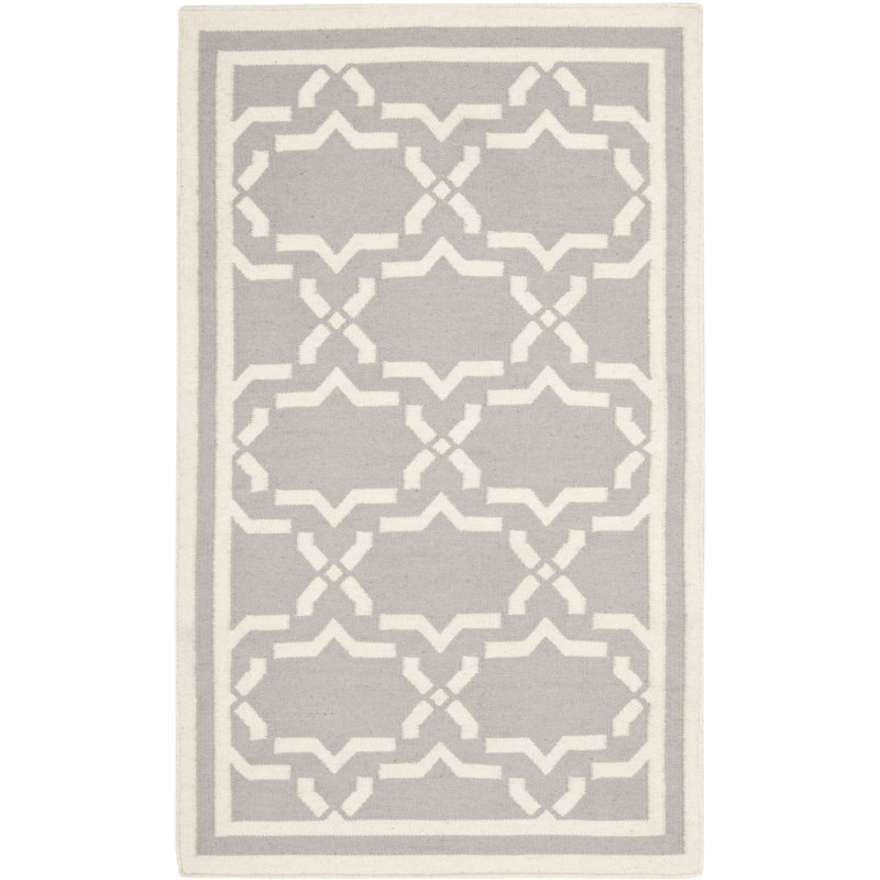 Rodgers Hand Woven Flat Weave Wool/Cotton Geometric Rug in Gray/Ivory, Rectangle 5' x 8'