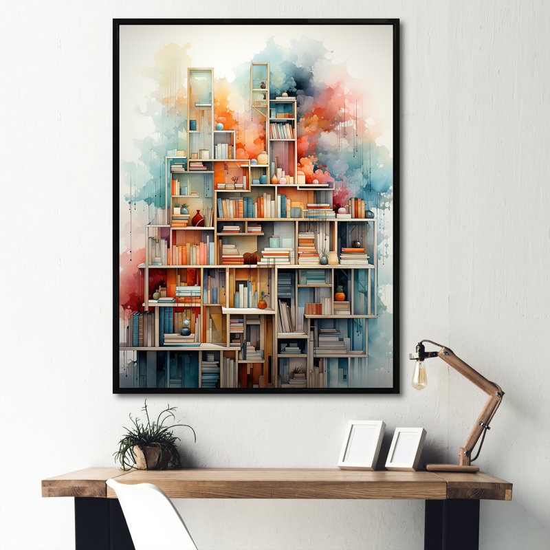 Impression sur toile, bibliothèque colorée, minimalisme minimaliste - Bâtiments et paysages urbains, Cadre flottant noir