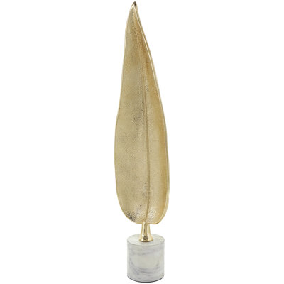 Aluminum Metal Textured Leaf Decorative Gold Sculpture with White Marble Base