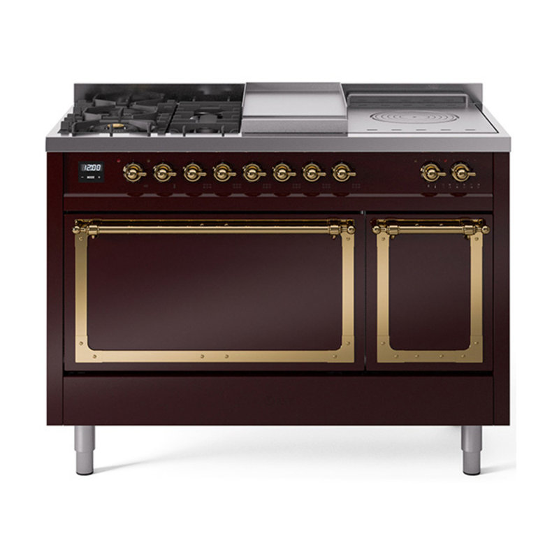 ILVE Nostalgie II Noblesse 48 in Dual Fuel Range, 5 Burner, Griddle, Frenchtop, Natural Gas, Burgundy/Brass