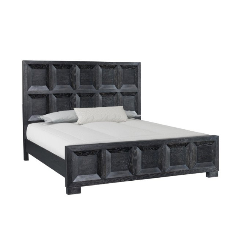 Très grand lit Kizie, panneau encastré classique, bois massif noir patiné