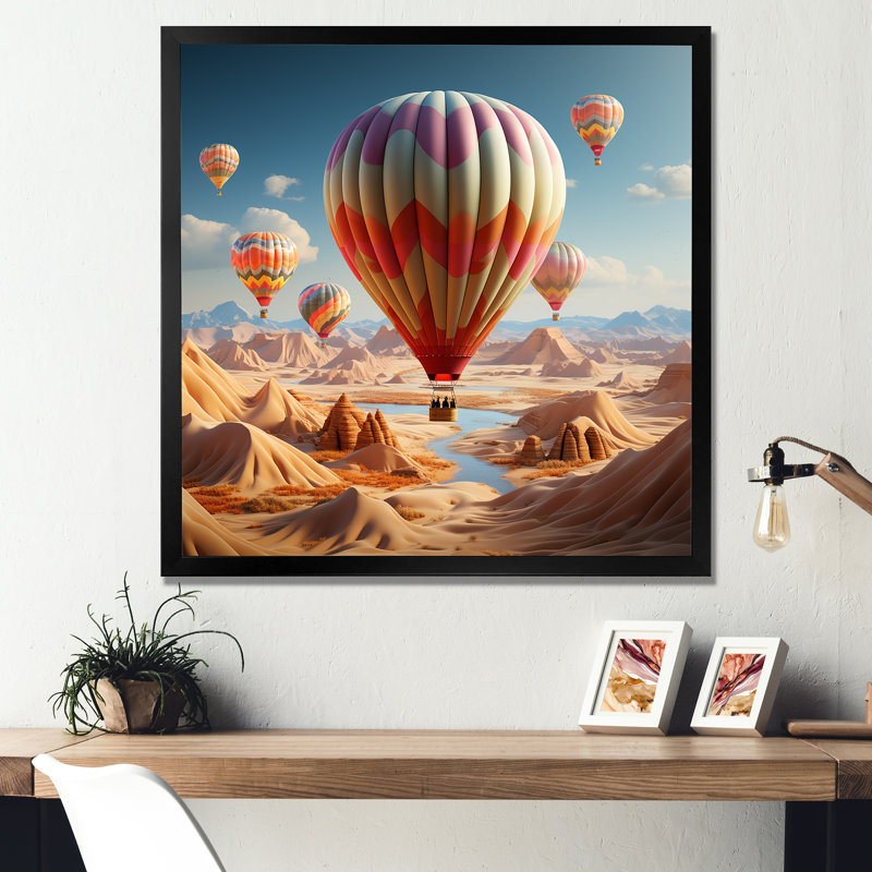 Reproduction sur toile d'une interprétation cubiste de montgolfières dans le désert, Cadre simple noir