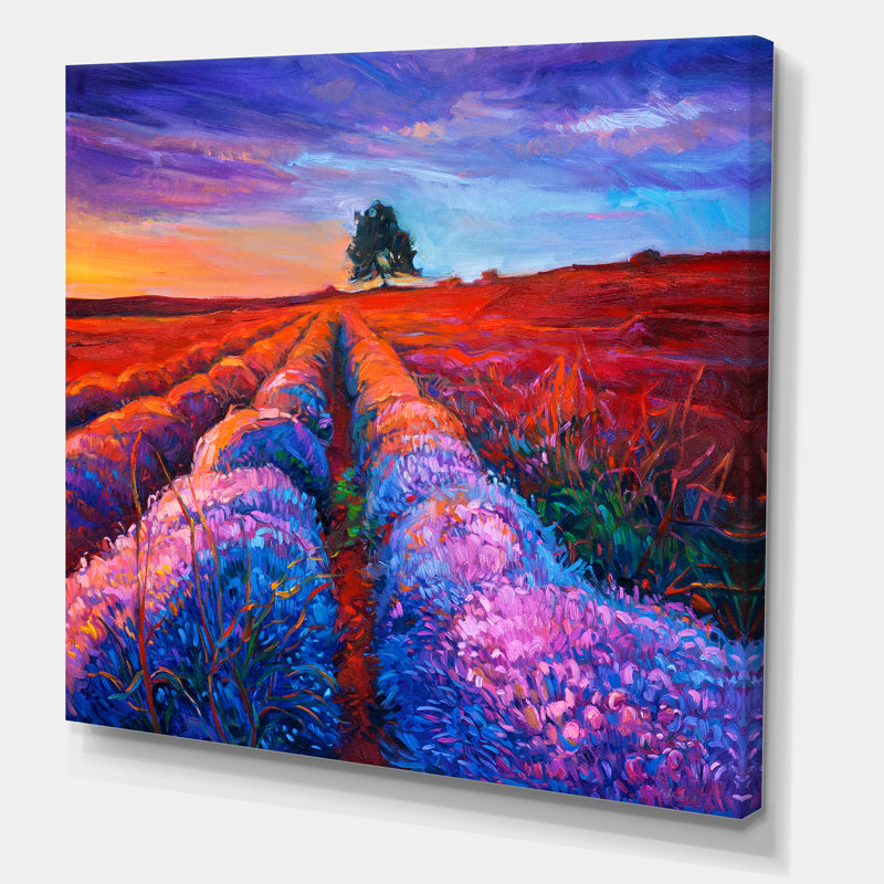 Champ de lavande avec arbre lointain et lueur du soir - Peinture sur toile, H 16 po x l 16 po x P 1 po, Toile tendue