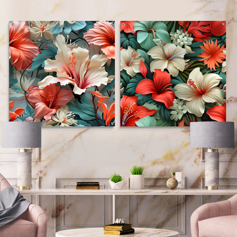 Mikonos - ensemble de 2 peintures murales en acrylique tropical bord de mer, H 16 po x l 33 po
