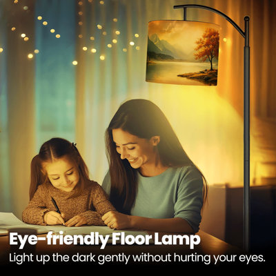 Arc Floor Lamp with Adjustable Lampshade Lake Landscape Yellow Tree Sunshine Forest Mountains Autumn Standing Lamp 3 Color Temperatures Dimmable Tall Pole Lamp with Foot Switch for Bedroom