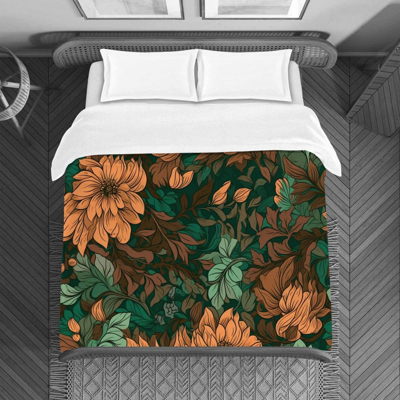Housse de couette , Housse de couette pour grand lit, Brun / floral vert foncé