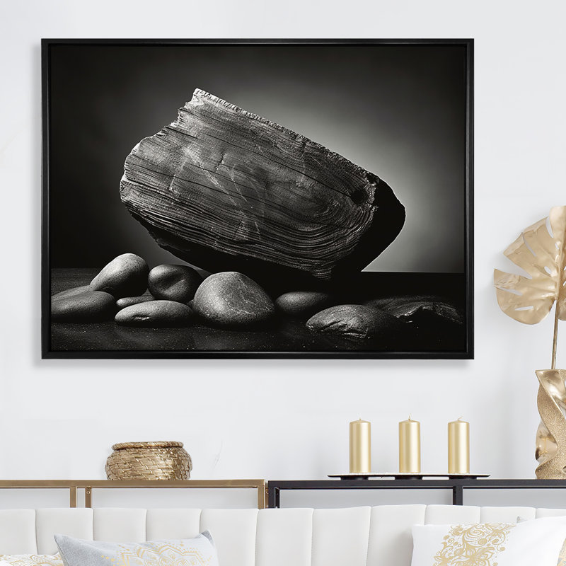 «Grey Stones Scenery Minimalisme», art mural sur toile en géode de pierre, H 12 po x l 20 po x P 1 po, Cadre flottant noir