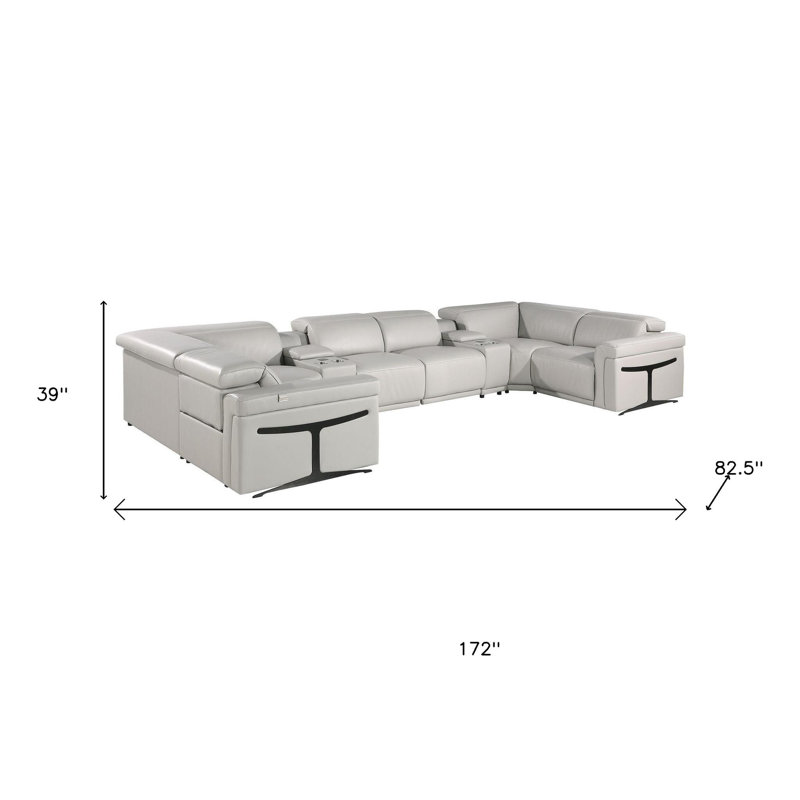Canapé modulaire en forme de U inclinable électrique en cuir italien clair gris clair avec huit consoles