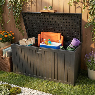 260 Gallon Resin Outdoor Deck Box Water-Resistant, Extra Large Patio Storage Container with Lockable Compartments for Patio Furniture Cushions, Pool A