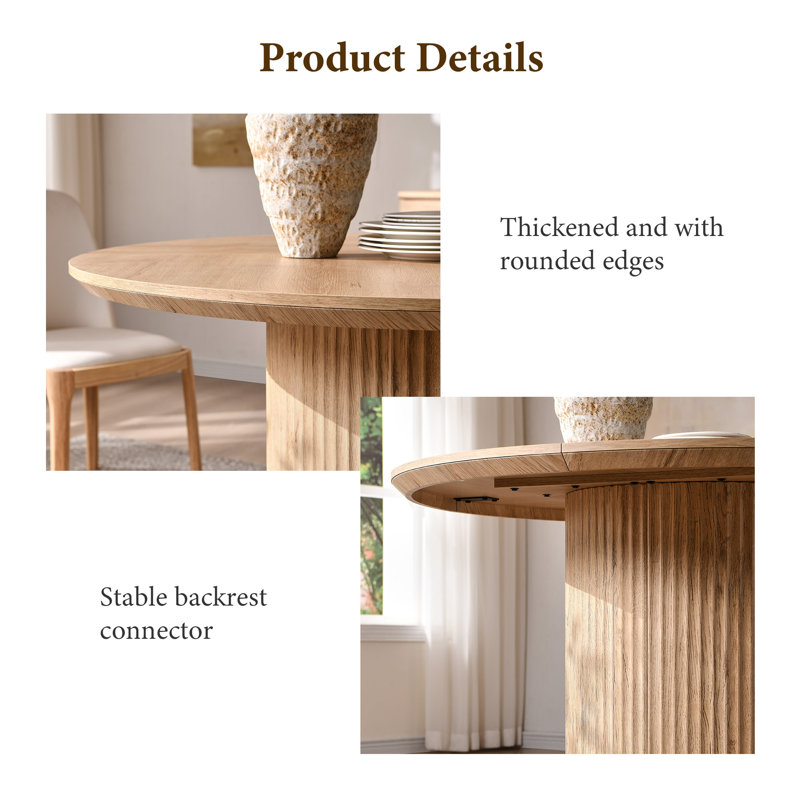 47" Fluted Round Dining Table For 6 With Thickened Edge & Cylindrical Base, Natural Oak