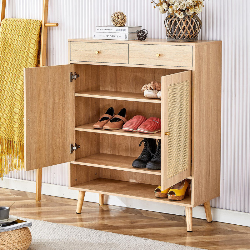 Multi-Functional Modern Minimalist Natural Wood-Colored MDF Shoe Cabinet - Seamlessly Fits Into Nordic, And Industrial Style Interiors,Product Dimensions: 34.6*13.7*43 Inches.