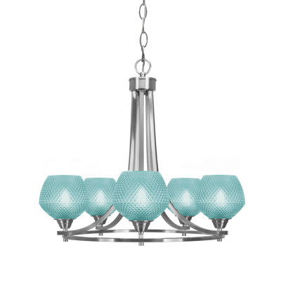 Paramount 5 Light Chandelier Brushed Nickel Finish 6" Turquoise Glass