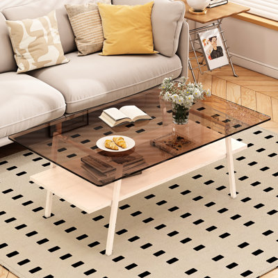 Élégante table basse brune avec plateau en verre trempé et fabrication en métal, l 38,96 po x L 23,06 po x H 16,76 po