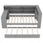 Lit plateforme simple en bois avec lit gigogne, tablettes de rangement, bureau, tête de lit tapissier à DEL et station de charge, coussin gris et gris-57410575