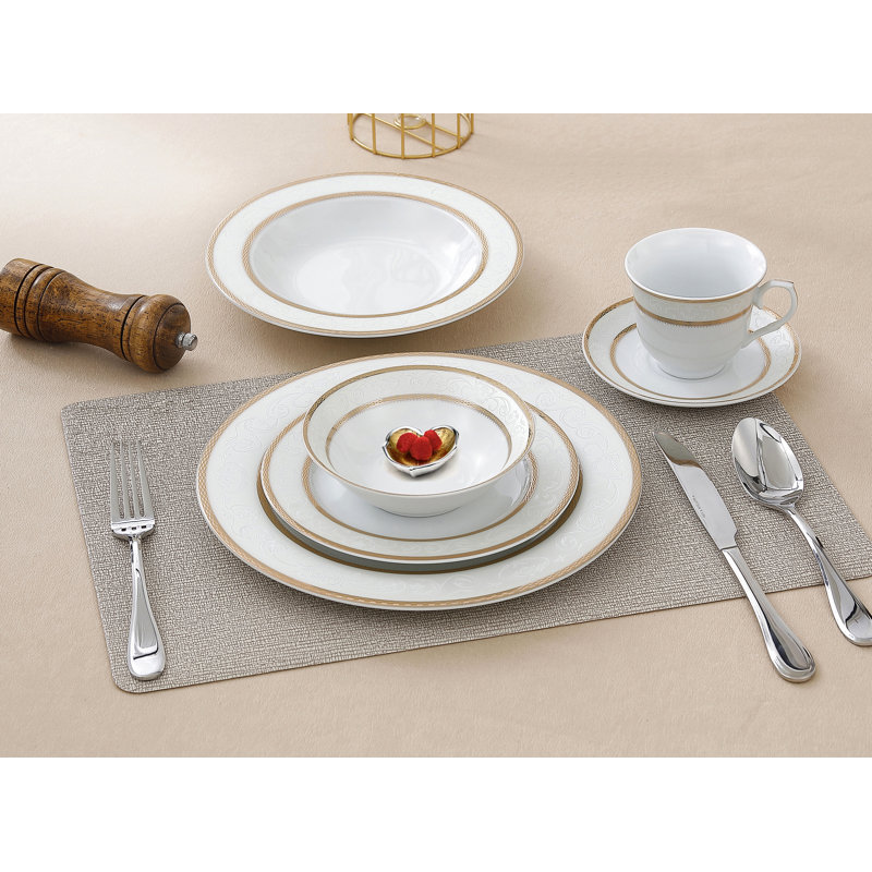 Amelia White and Gold Porcelain 24-Piece Dinnerware Set