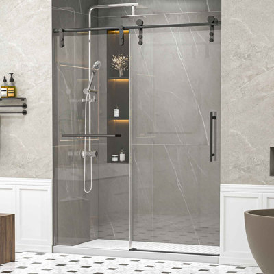 Portes de douche coulissantes simples sans cadre de 56 à 60 po x H 76 po sans fermeture en douceur, porte de douche coulissante avec porte-serviettes et poignée auxiliaire, porte en verre trempé épais de 5/16 po (8 mm), noir mat