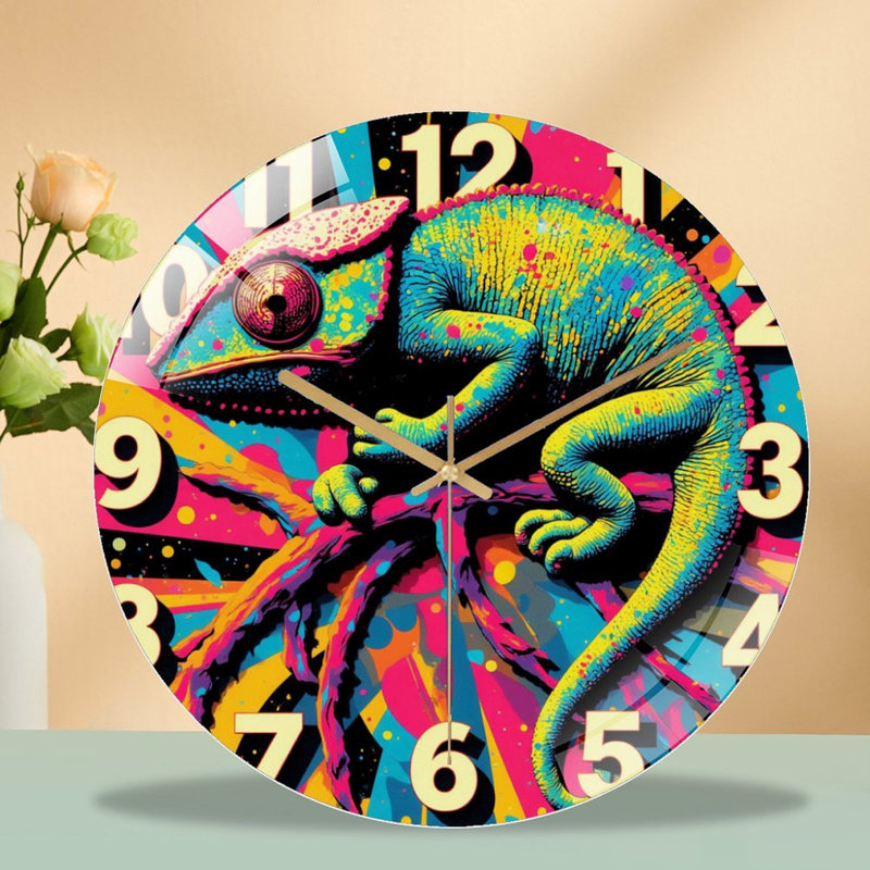 Colourful Chameleon Wall Art Print for Home Decor Art - 12'' Modern Glass Wall Clock