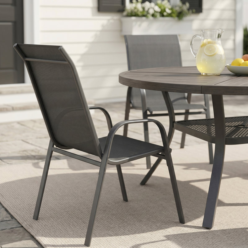 6-Person Round Patio Dining Set With Stackable Textilene Chairs, Brushwood Gray/Black