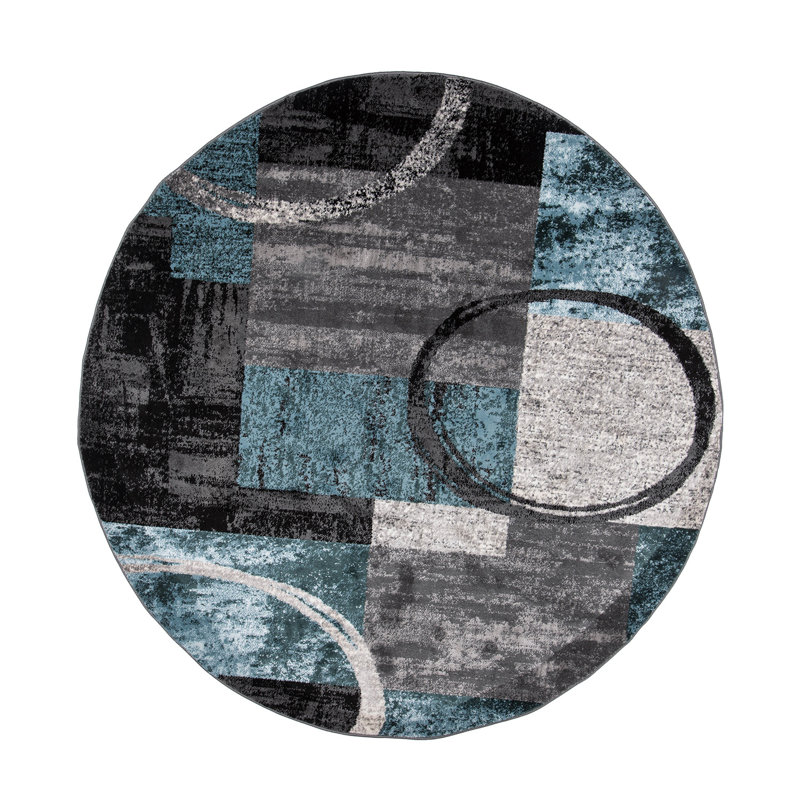 Tapis moderne performance gris, ivoire et bleu à motif abstrait Fanton, Rond 8 pi, Blue/Gray