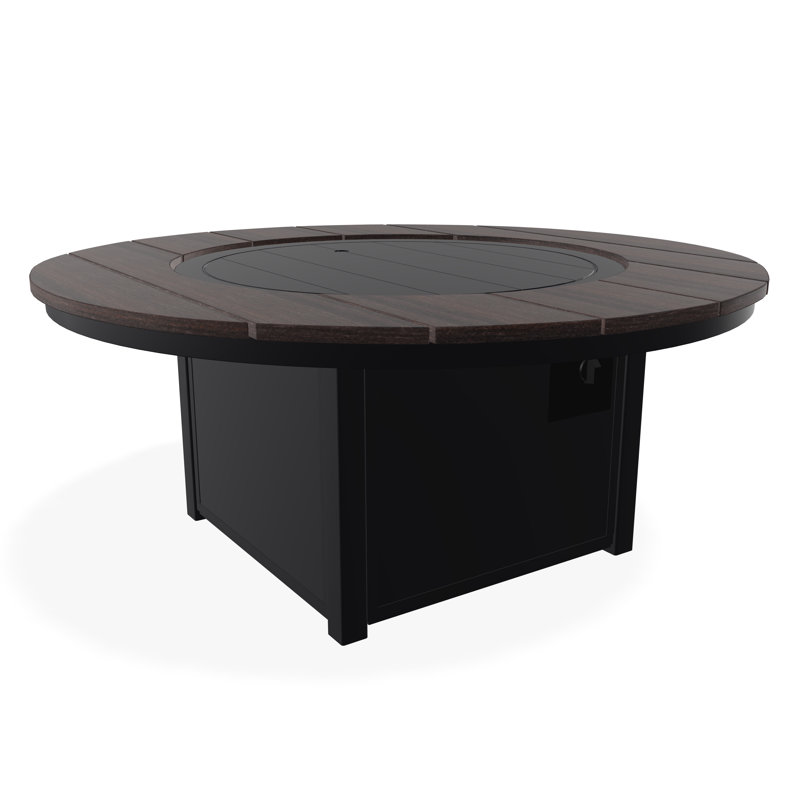 54" Round Rustic Polymer Fire Table with Propane Shelf, Black/Chestnut
