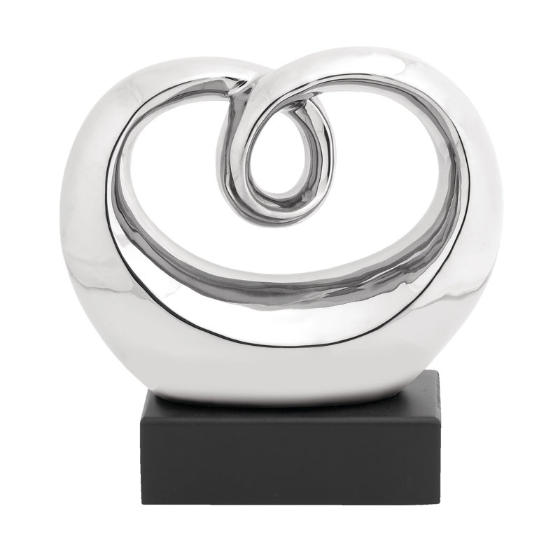 Elegant Silver Swirl 13" Ceramic Abstract Statue with Black Base