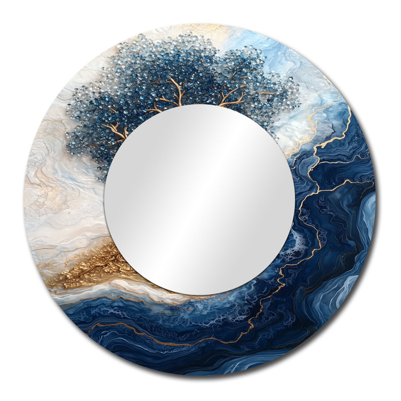 Arbre turquoise de la vie dans la rivière de l'existance I - miroir traditionnel pour décoration murale, 29 po x 29 po