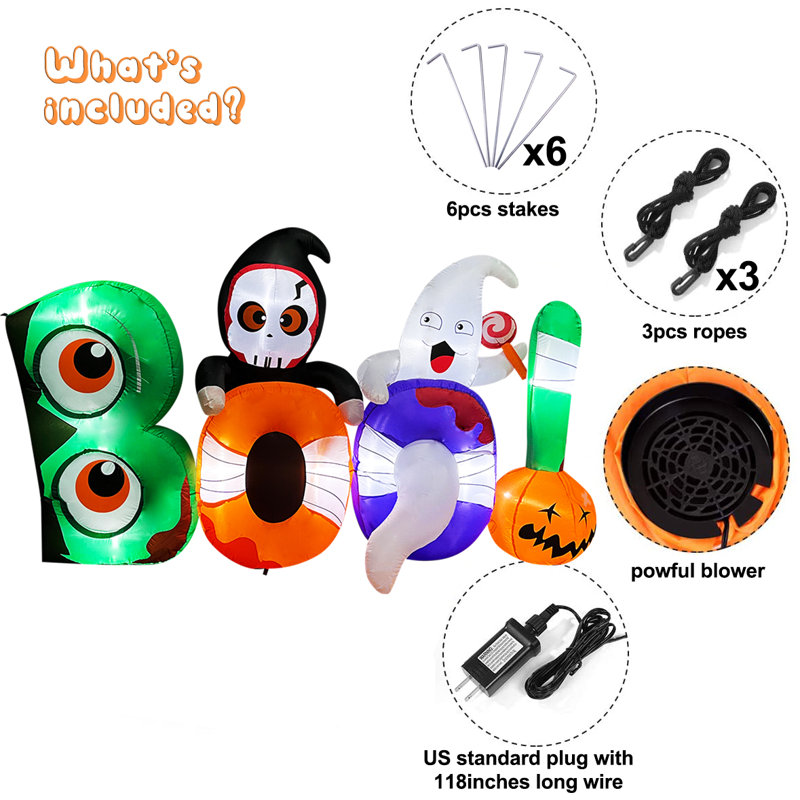 The Holiday Aisle® Halloween Boo with Skeleton Inflatable Set | Wayfair