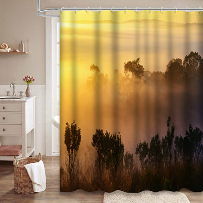 Fog Morning Forest Nature Travel Landscape Shower Curtain with 12 Hooks