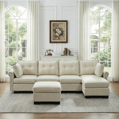 112.2" L-Shaped Sectional Sofa with Ottoman, Beige Cat Scratch Resistant Fabric