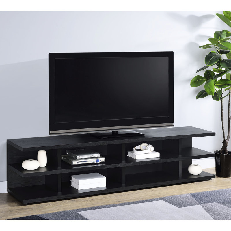 Meuble télé contemporain contemporain de 78 pouces avec gestion des câbles, espace pour les consoles et les haut-parleurs, une finition élégante dans les maisons modernes avec une finition égratignée, de nombreuses tablettes et des écrans de divertissement jusqu'à 80 pouces