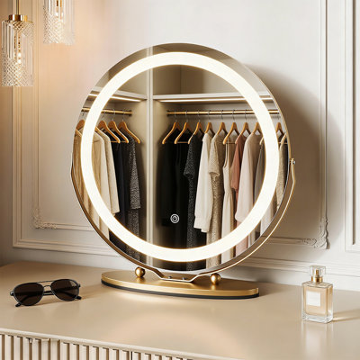 Grand miroir de maquillage rond pour table, avec lumières DEL, 3 modes d'éclairage couleur, rotation à 360 °