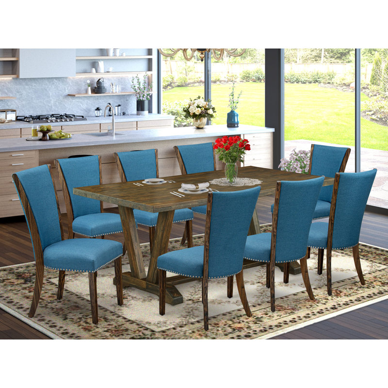 9-Pc Modern Table Set Consists of a Distressed Jacobean Wood Table and 8 Blue Linen Fabric Upholstered Chairs with High Back - Distressed Jacobean Finish.
