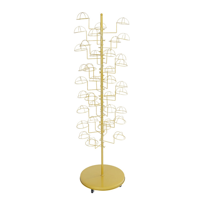 Heavy-Duty Iron Hat Tower for Baseball & Cowboy Hats, 35-Position Spinning Retail Rack, 70.86" H, Gold