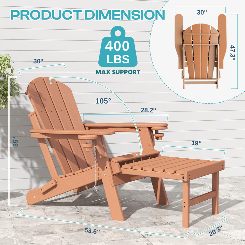 Cait Foldable Outdoor Adirondack Chair With Ottoman, Teak