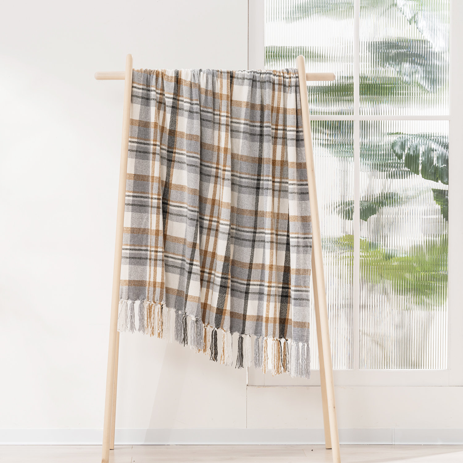 Chenille Throw Blanket, 80" L x 60" W, Gray/Warm Beige Plaid