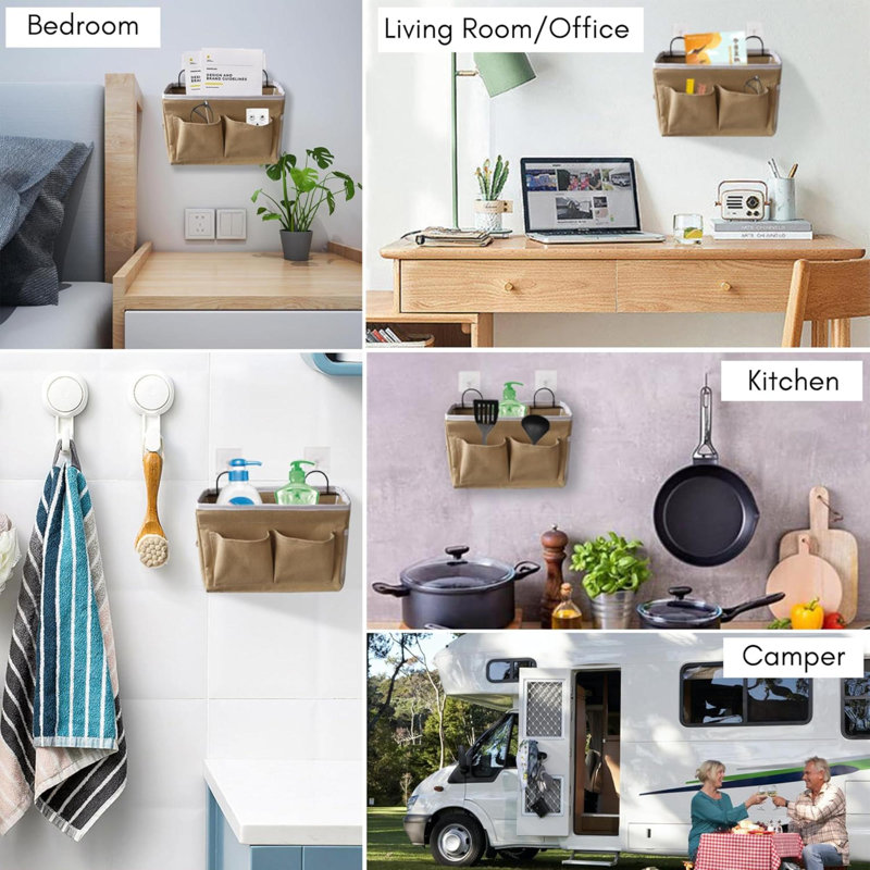 Sac de rangement mural 3 pièces, panier de rangement suspendu en lin avec poches, bac imperméable pour la cuisine, la chambre à coucher, le bureau, le camping-car (kaki)