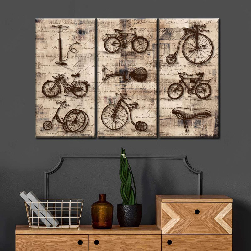 Ensemble de 3 pièces de vélos rétro sur toile, H 32 po x l 50 po x P 1,25 po