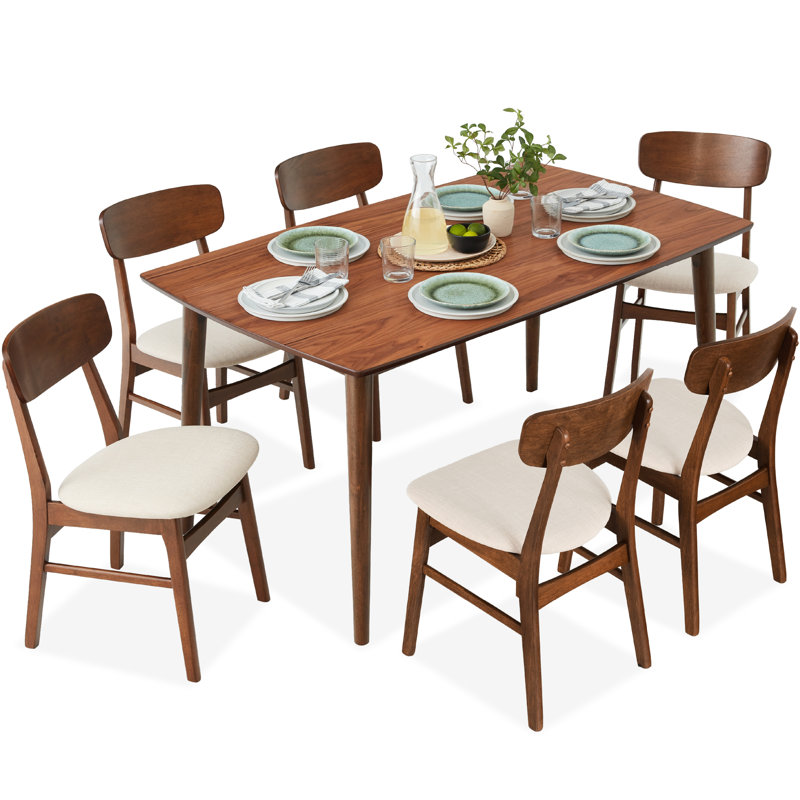 7-Piece Mid-Century Modern Upholstered Dining Set, Wooden Table W/ 6 Chairs, Gray/Walnut