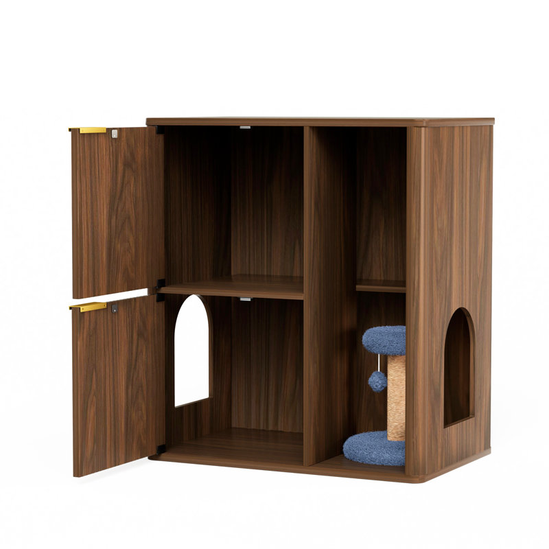 Litière pour chat en noyer de 31,5 pouces avec arbre et portes à double entrée. Il cache une boîte tout en offrant un espace confortable pour les chats, il a un poteau à griffer enveloppé de corde de chanvre et une tablette intérieure spacieuse. Fait de