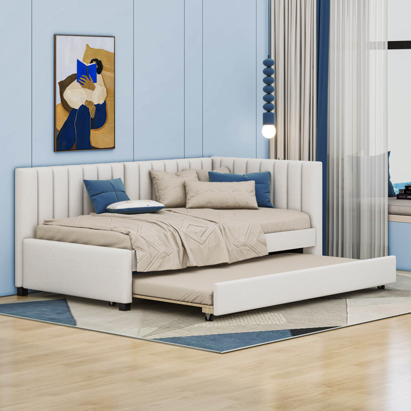 Upholstered Twin Size Daybed with Trundle, Beige
