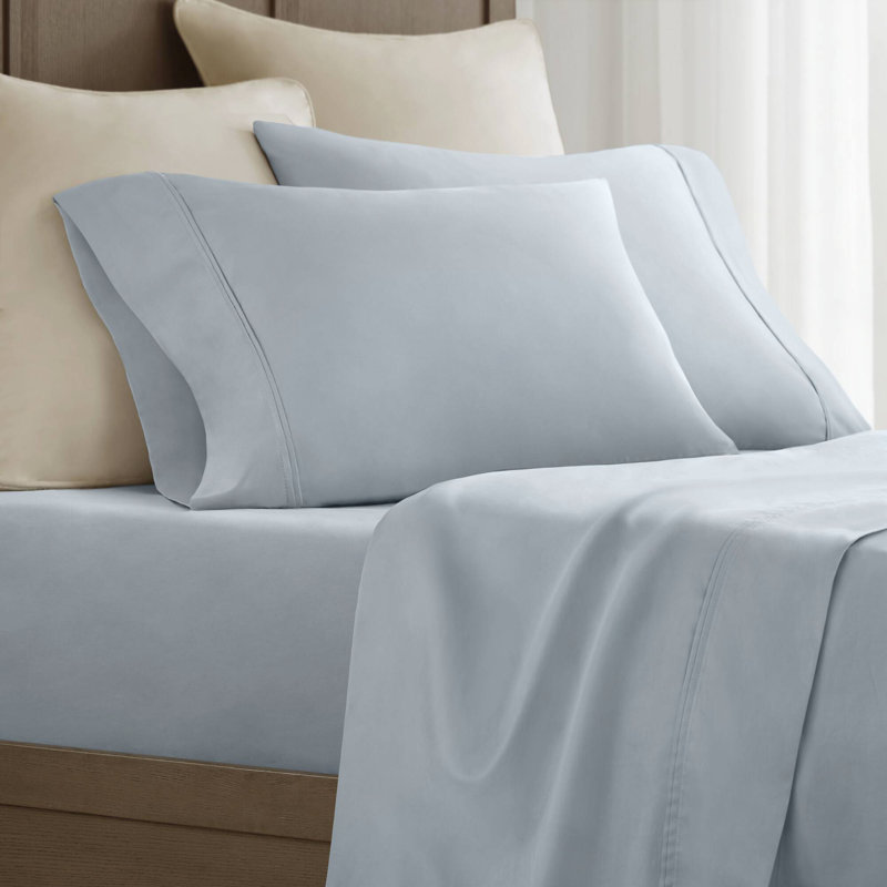 Ensemble de draps en satin de coton 4 pièces, Ensemble de draps pour très grand lit avec 2 taie, Bleu