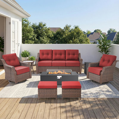 Ensemble de canapé de patio en rotin de qualité supérieure 7 pièces avec coussins pivotants de 360 ° à 6 degrés, table de foyer au gaz, table de bout et cachette de réservoir, ensemble de mobilier d'extérieur