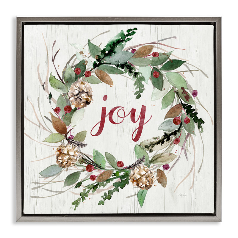 Joy, couronne saisonnière, estampe numérique par Stella Chang, H 18 po x l 18 po, Cadre flottant gris lustré
